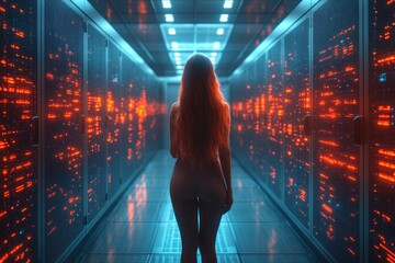 African American woman walking in server room using tablet to check hardware in data center technology
