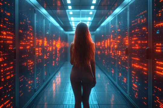 African American woman walking in server room using tablet to check hardware in data center technology