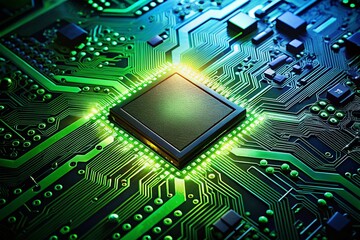 Fototapeta premium Intricate Microchip Silhouette Against a Vibrant Green Circuit Board A Deep Dive into Semiconductor Technology and