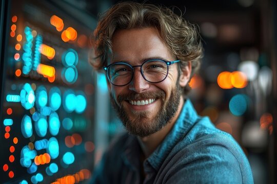Smiling IT Technician in Futuristic Server Room with Neon Accents and Glass Reflections