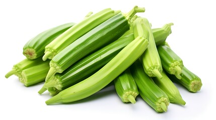 Obraz premium Okra Pile Fresh Green Lady Finger Vegetables Stacked on White Background for Food Photography
