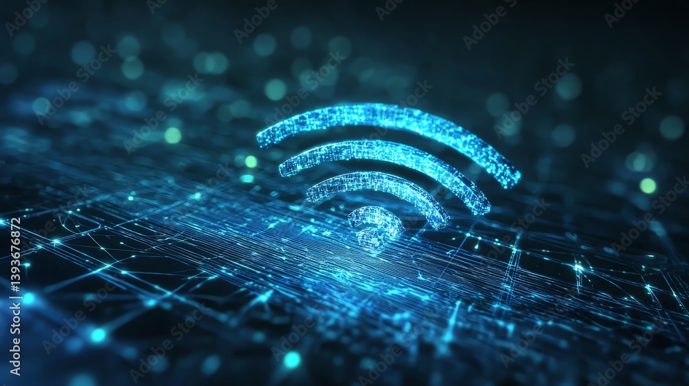 Poster digital representation of wireless connectivity symbol with glowing lines in a dark background illus