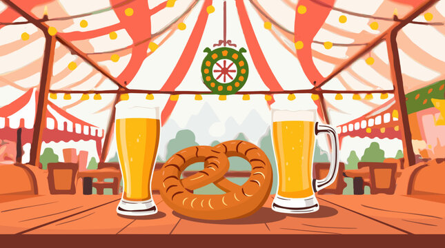 Festive beer and pretzel display in a colorful outdoor setting  of beed festival Oktoberfest
