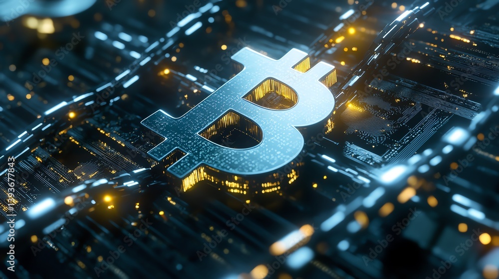 Poster illuminated bitcoin symbol surrounded by digital circuits in a futuristic setting at night