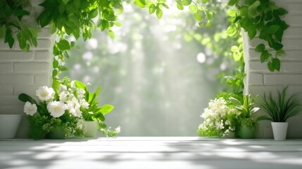 Springtime garden scene, serene and bright.  Fresh, verdant foliage and white flowers frame a sunlit outdoor vista. A peaceful, idyllic tabletop setting