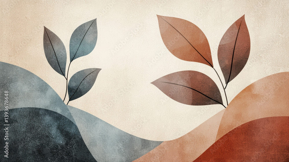 Poster abstract landscape with stylized leaves and soft color gradient background for artistic use