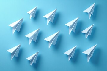 Fototapeta premium Leadership Concept with Red Paper Plane Leading Among White Planes on Blue Background