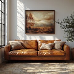 Modern Minimalist Living Room Poster Mockup with Tan Leather Sofa and Empty White Wall