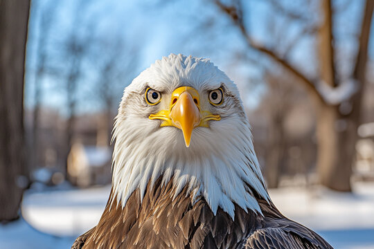 A bald eagle with a yellow beak and white feathers looks directly at the camera