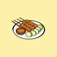 Indonesian satay icon with peanut sauce and rice cake (lontong) on a plate