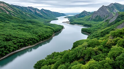 Aerial View of Winding River Snaking Through Lush Green Valley and Mountains
