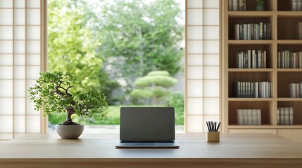 Fototapeta premium Natural light flooding a minimalistic workspace with a laptop on a wooden desk, surrounded by a small potted bonsai tree and a pencil holder, with a serene garden view through large windows
