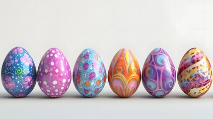 Row of Colorful Artistic Easter Eggs on White Surface; Decorative Painted Floral & Swirls