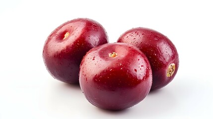 Obraz premium Fresh Plums Closeup with Water Droplets on White Background, Dark Red Ripe Fruits