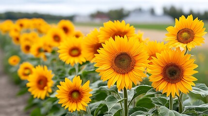 Obraz premium Expansive Field of Sunflowers Following the Sun on a Bright Day with Clear Blue Sky