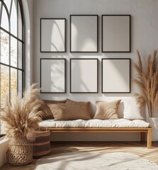 Bohemian living room mockup with art frames and seating