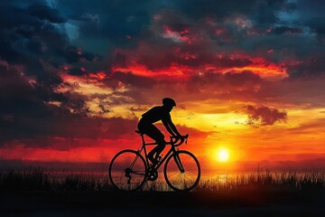 Obraz premium Silhouette of Cyclist Biking at Sunset with Dramatic Colors and Horizon