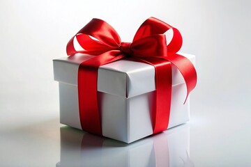 Obraz premium Elegant White Background with a Red Gift Box and Ribbon A Festive and Sophisticated Design for Holiday Celebrations