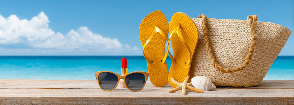 Vacation Essentials on Wooden Floor with Beach View and Blue Sky