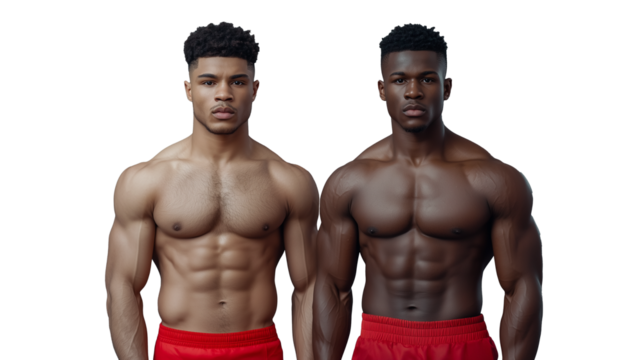Two young men with muscular builds wearing red shorts, posing confidently on a transparent background, representing fitness and strength, ideal for sports and athletic themes.