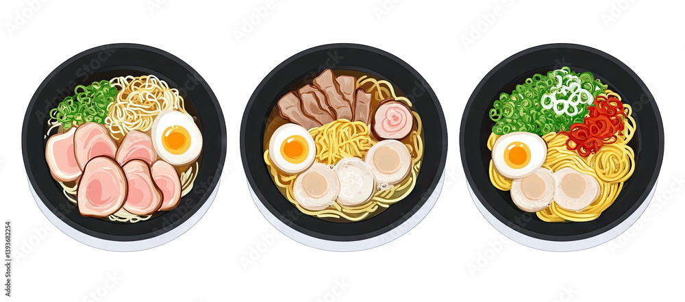 Poster three bowls of ramen each with different toppings including slices of meat eggs and green onions sho