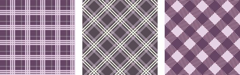 Set of purple seamless plaid patterns with classic and diagonal styles. Ideal for fabric, digital paper, scrapbooking, stationery, and seasonal designs.