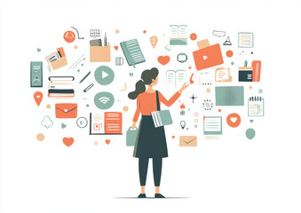 Woman surrounded by work tools, symbolizing productivity and organization.