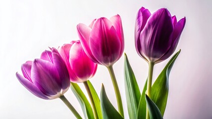 Fototapeta premium Exquisite Pink and Violet Tulips Silhouettes Against a Pristine White Background A Study in Elegant Floral Design