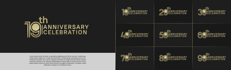 Anniversary logo type set with double line number. golden color for celebration event