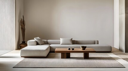 Modern living room interior featuring a minimalist light-colored sectional sofa with decorative cushions, a simple wooden coffee table, and stylish decor on a patterned rug
