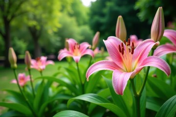 Delicate pink lily stems amidst lush greenery, garden, blooming, foliage