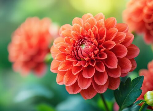 Close-up of blooming red dahlia flower in garden with green leaves - Powered by Adobe