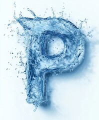 Hyper-Realistic Water Splashing Letter P with Reflections and Droplets on White Background