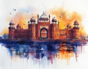 Obraz premium Watercolor Painting of Red Fort with Indian Flag Colors and Dove in Minimalist Style