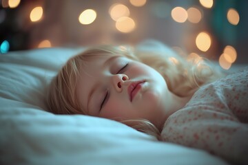 Blonde little girl sleeping in bed. lying asleep by night. Horizontal photo (3:2)