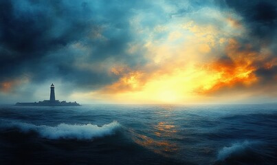 Fototapeta premium Calm Blue Ocean Waves and Dark Storm Clouds Over a Tranquil Seascape with Lighthouse