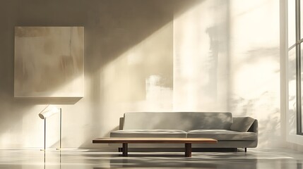 Modern living room interior featuring a minimalist gray sofa, wooden coffee table, and ample natural light streaming through large windows