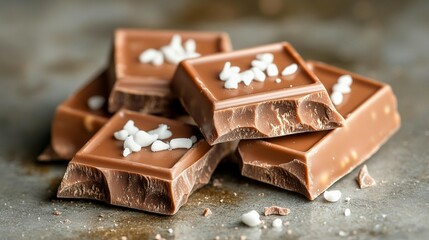 Close-up of milk chocolate squares with sugar crystals.