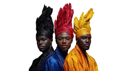 Three people wearing traditional headpieces