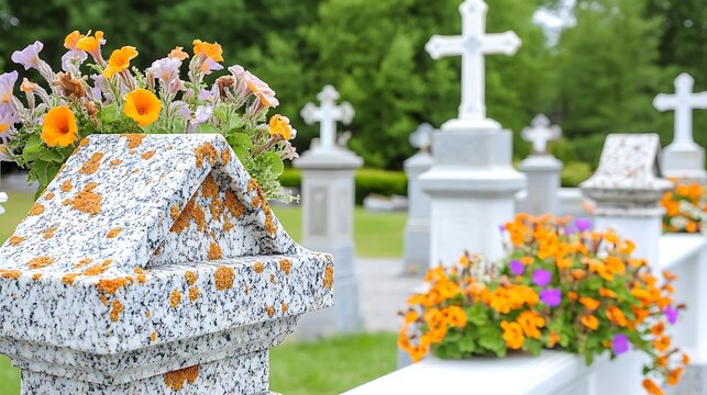 Ancient Memorial with Headstones Covered in Moss and Flowers at a Serene Cemetery