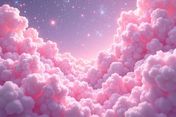 Fototapeta premium Fluffy cotton candy background with soft pink clouds and twinkling stars, gentle, galaxy