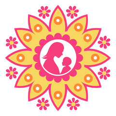 Vibrant Mother and Child in Floral Mandala in White Background