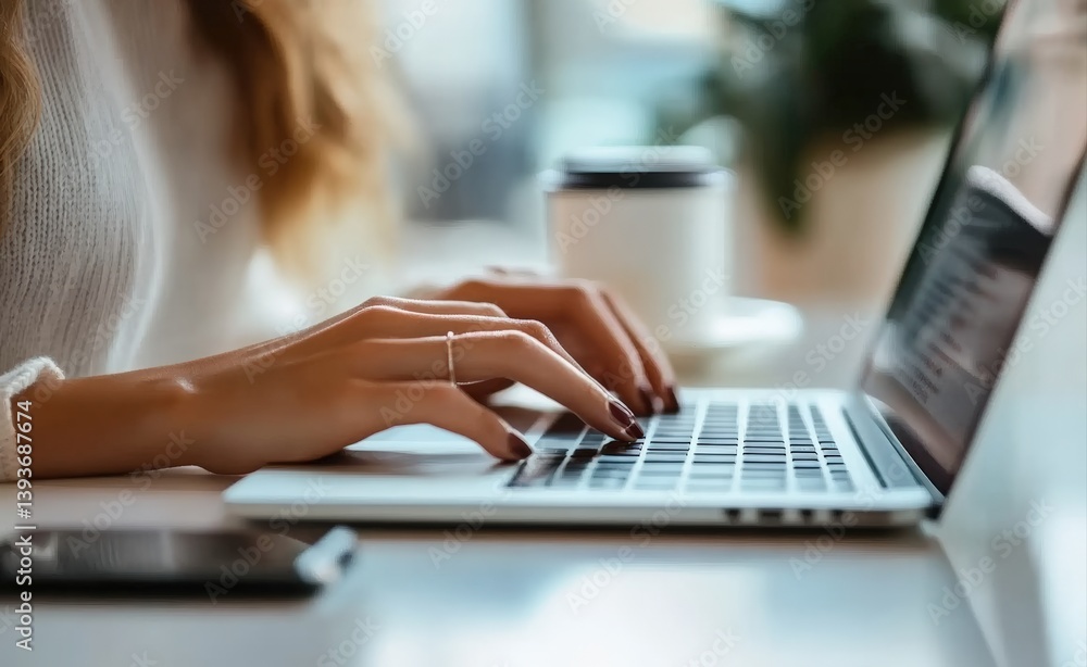 Poster freelancer working remotely from home office typing on laptop keyboard
