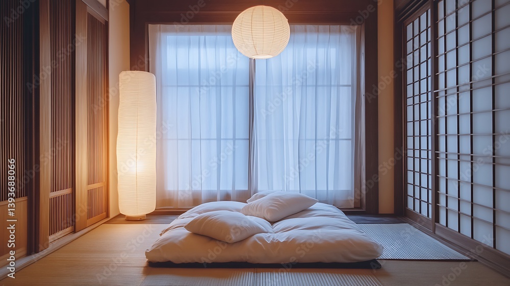 Poster serene indoor space featuring futons on a wooden floor beneath soft lighting from decorative lantern