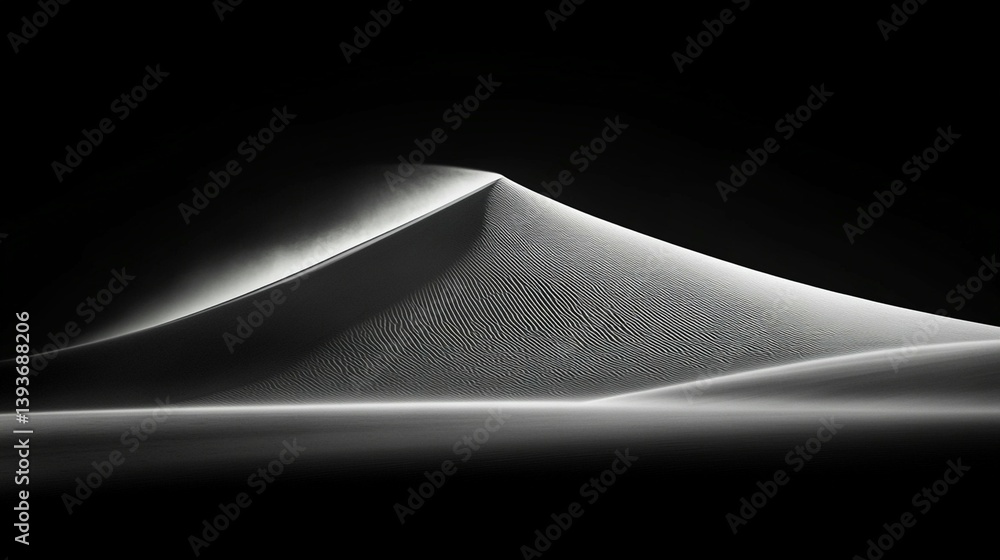 Poster dramatic black and white image of a sand dune, illuminated by a single light source, creating strong