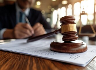 Judge writing notes with gavel and documents on desk