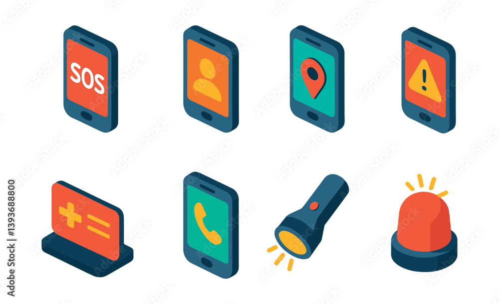Poster emergency and communication icon set - isometric 3d style for apps and interfaces