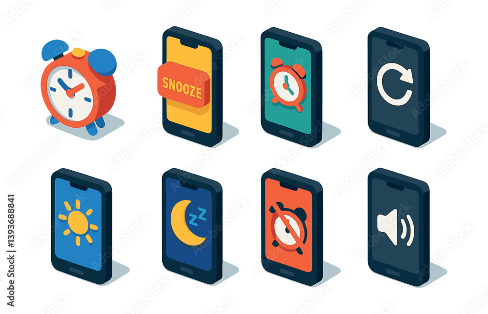 Poster 3d alarm clock and sleep icons set for mobile apps and interfaces