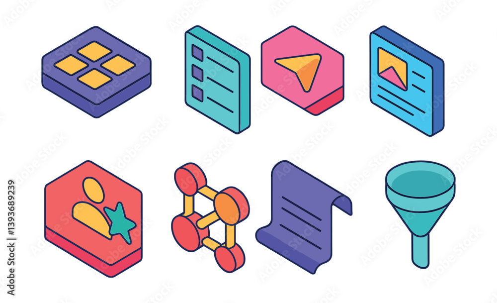 Poster colorful isometric interface icons set: 3d design elements for applications and websites