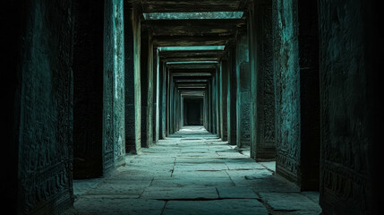 Obraz premium Mysterious Ancient Temple Corridor with Stunning Light and Shadow Effects in Historical Structure